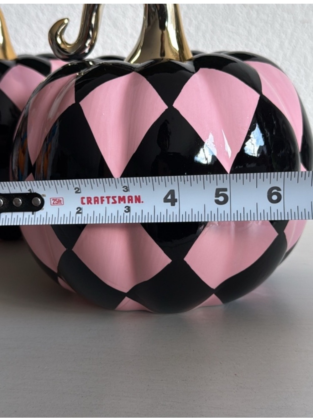 Black and Pink Harlequin Pumpkin. Glossy finish with a Gold stem. Like new! - Picture 8 of 8